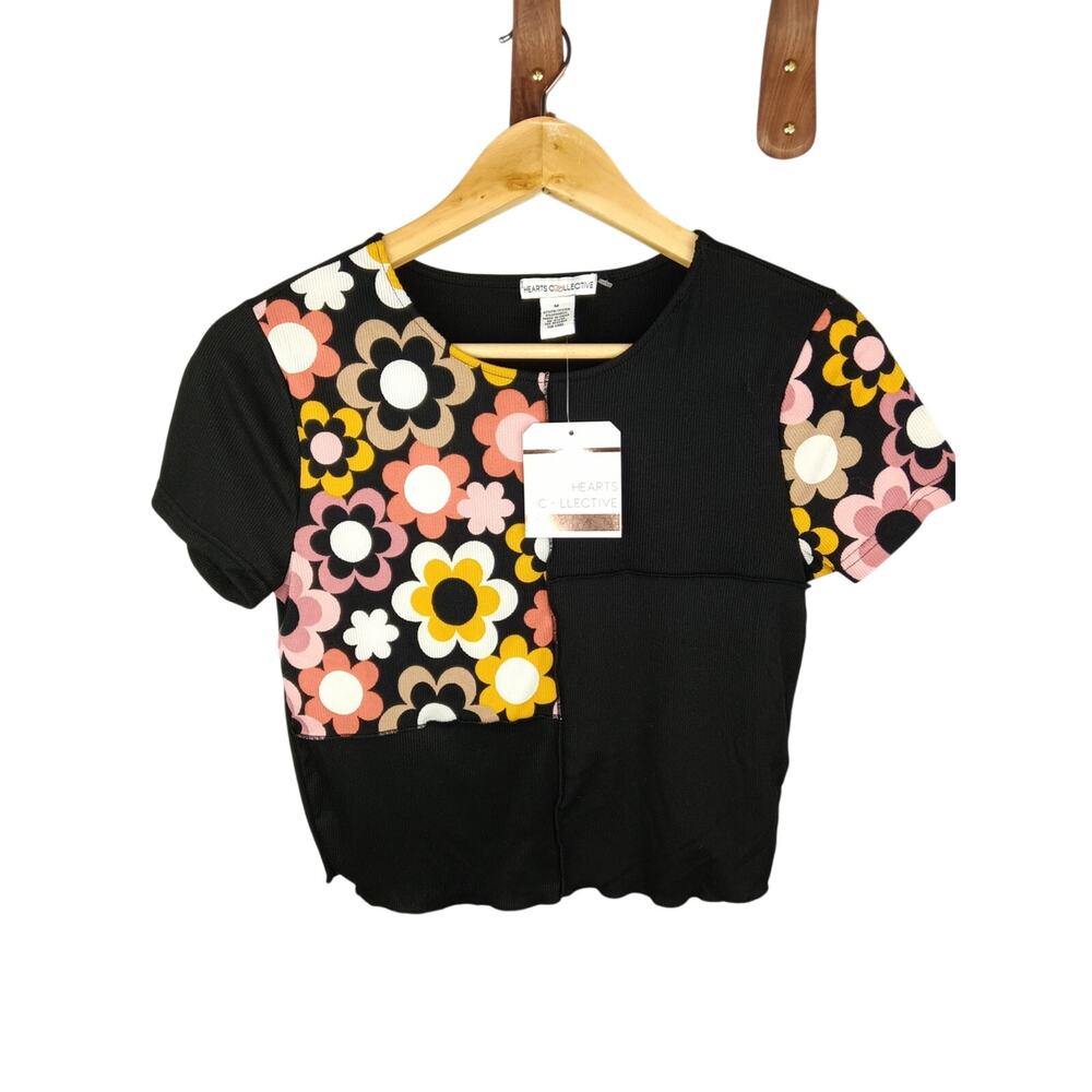 Black Floral Patchwork Crop Top